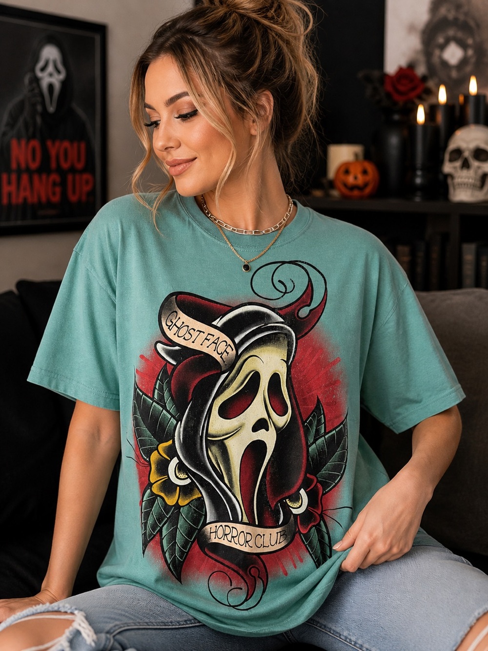 Ghost Face Horror Club Tattoo Graphic Tee M NWOT Halloween Scream
